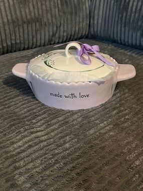 Rae Dunn Ceramic Covered Dish - Lilac & White- "Made With Love"
